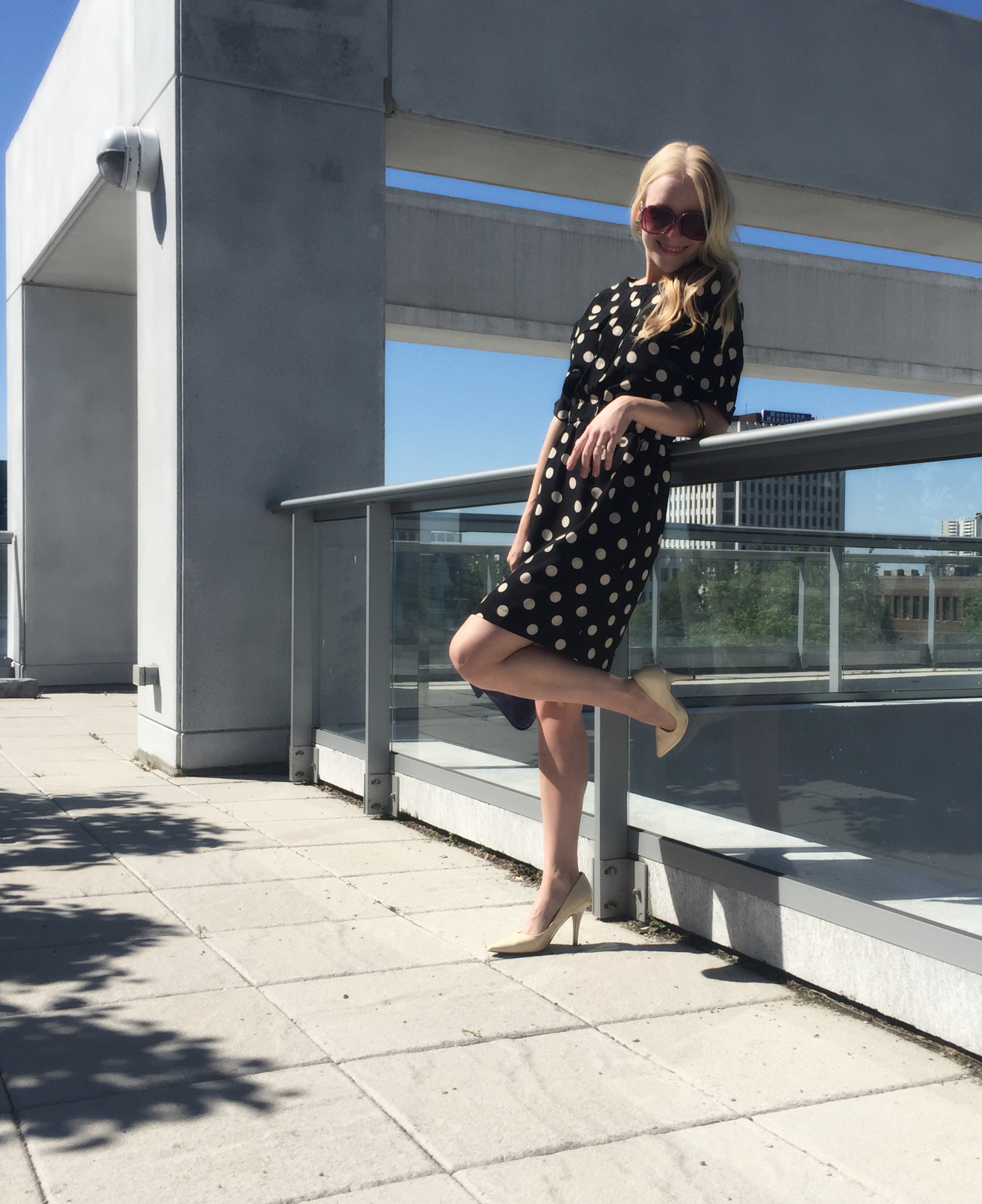 anna struck blog polka dot dress fashion blogger photoshoot rooftop ...