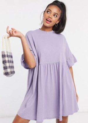 Oversized Frill Sleeve Smock Dress in Purple
