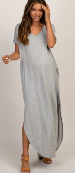 Grey Solid Short Sleeve Maternity (or not) Maxi Dress