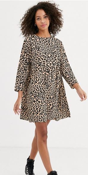 Long sleeve smock mini dress in leopard print