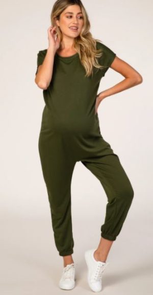 Olive Green Short Sleeve Maternity Jumpsuit