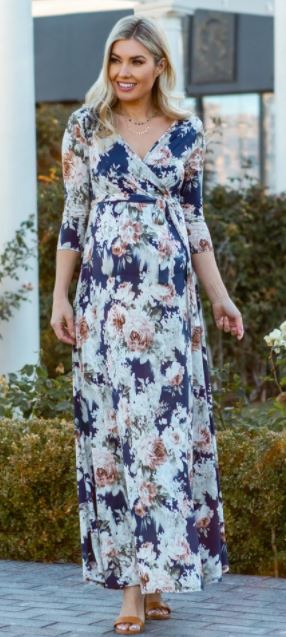 Blue Floral Sash Tie Maternity/Nursing Maxi Dress