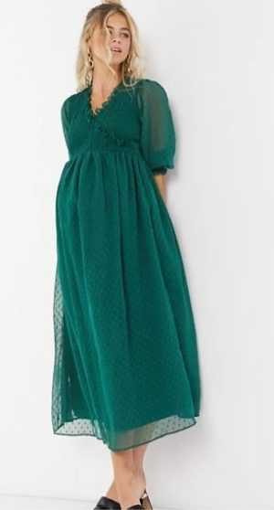 Maternity smock dress with shirred cuffs in forest green
