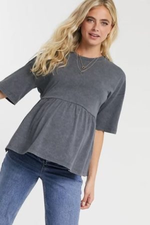Maternity casual smock top in washed charcoal