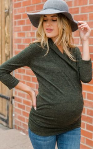 Olive Heathered Knit Maternity/Nursing Top