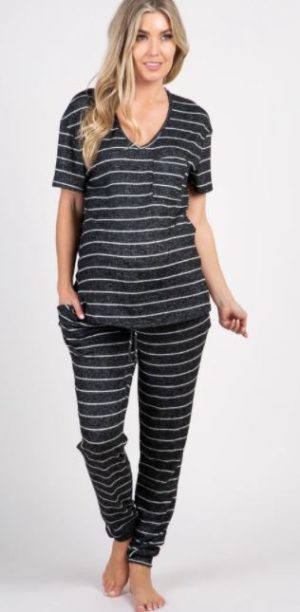 Charcoal Striped Pocket Front Maternity Pajama Set