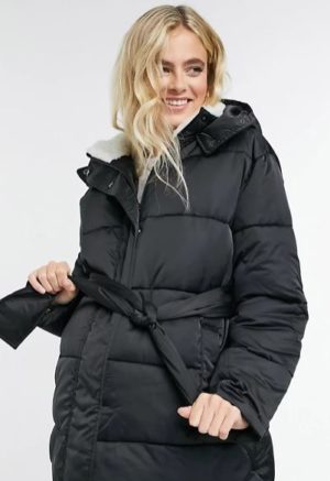 Maternity sateen belted puffer jacket