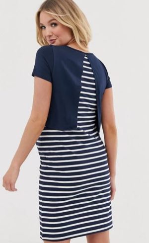 Maternity dress with nursing function in navy stripe