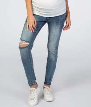 Blue Distressed Crop Maternity Jeans